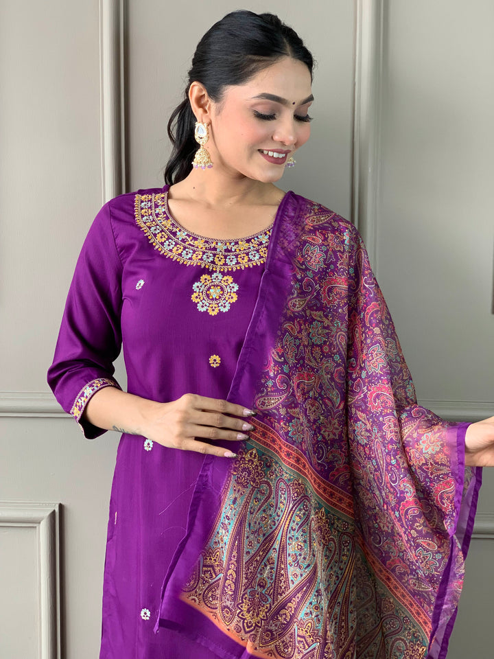 Designer Rayon Slub Kurti Set | Violet Organza Dupatta