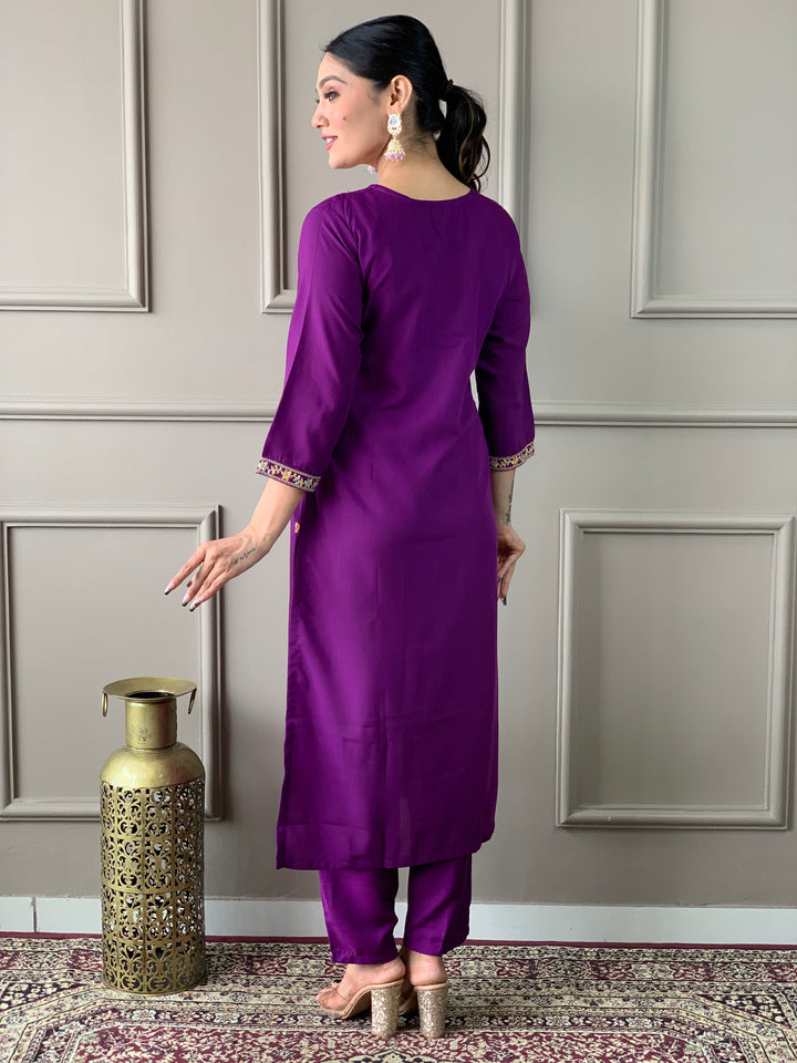 Designer Rayon Slub Kurti Set | Violet Organza Dupatta