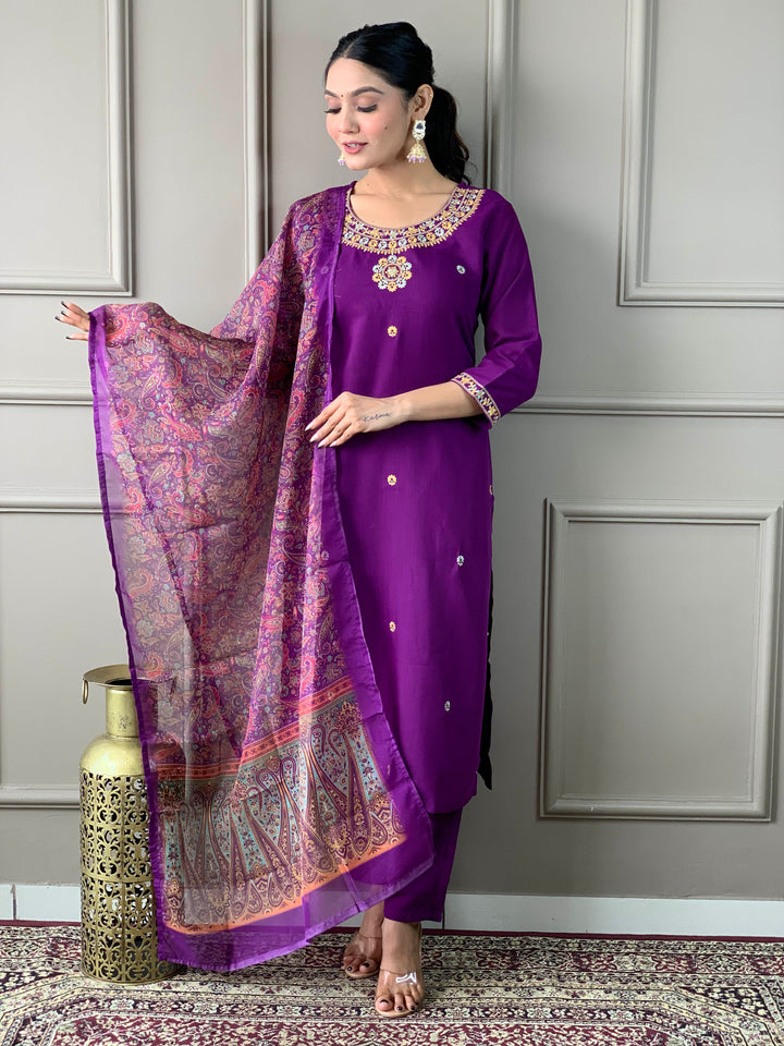 Designer Rayon Slub Kurti Set | Violet Organza Dupatta