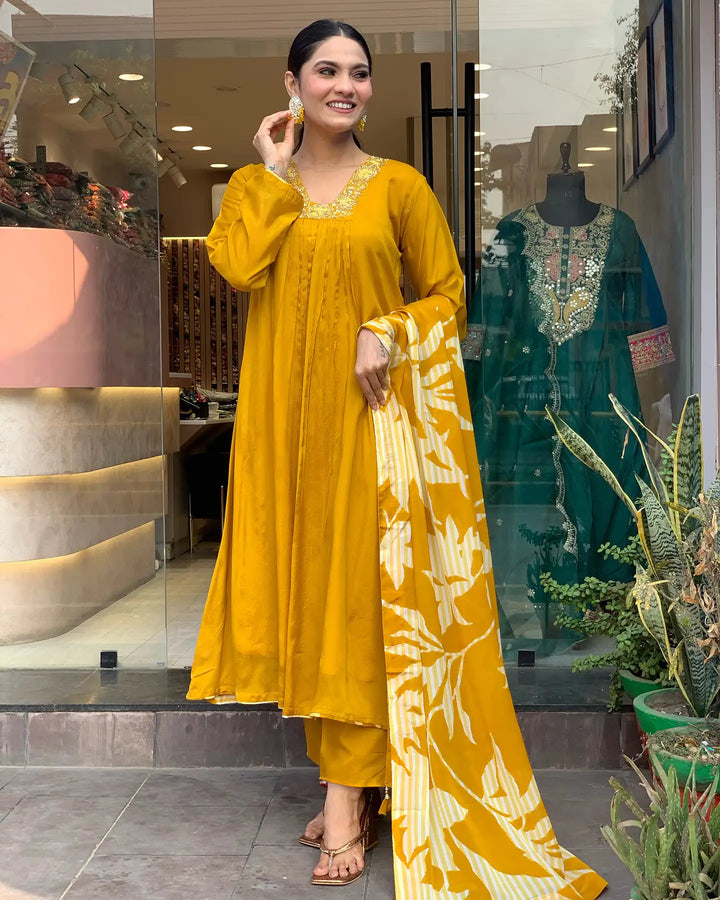 Mustard Chinon Silk Kurti Set | Chanderi Bottom & Festive Haldi Wear