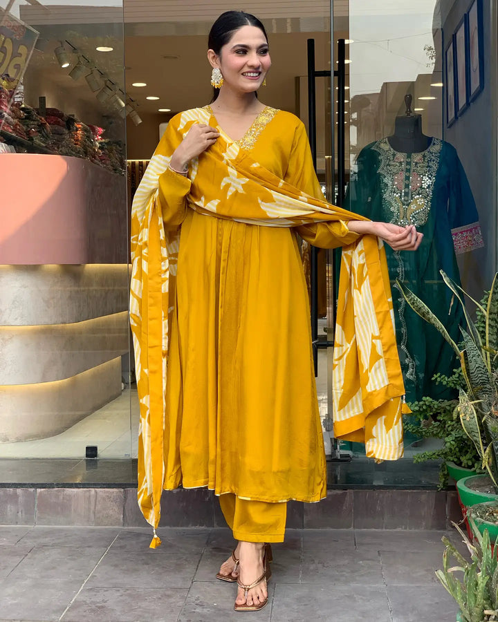 Mustard Chinon Silk Kurti Set | Chanderi Bottom & Festive Haldi Wear