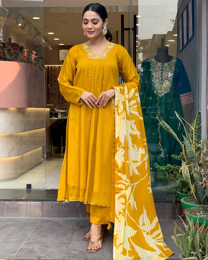 Mustard Chinon Silk Kurti Set | Chanderi Bottom & Festive Haldi Wear
