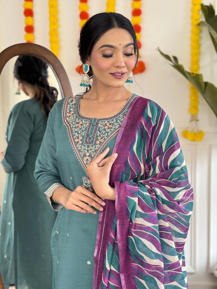 Stunning Embroidered Kurti Set | Light Teal Chanderi & Linen