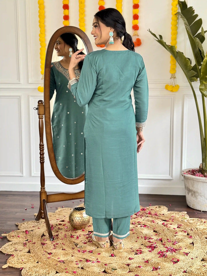 Stunning Embroidered Kurti Set | Light Teal Chanderi & Linen