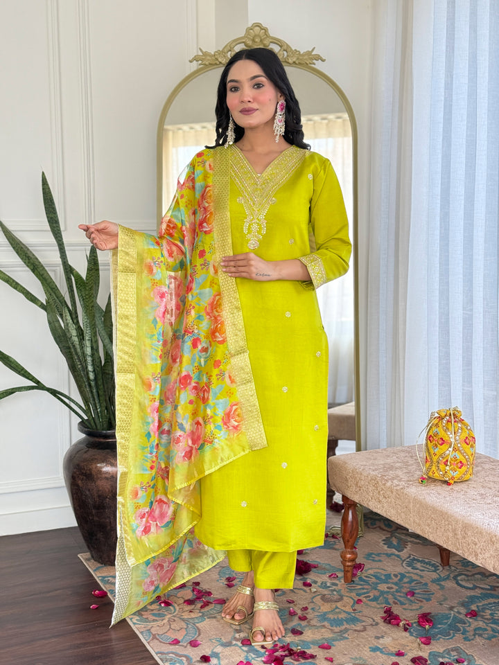 Trendy Lemon Viscose Chanderi Suit | Embroidered & Printed Jacquard Dupatta