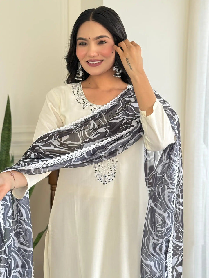 Exquisite White Embroidered Kurti Set | Viscose Rayon & Printed Design