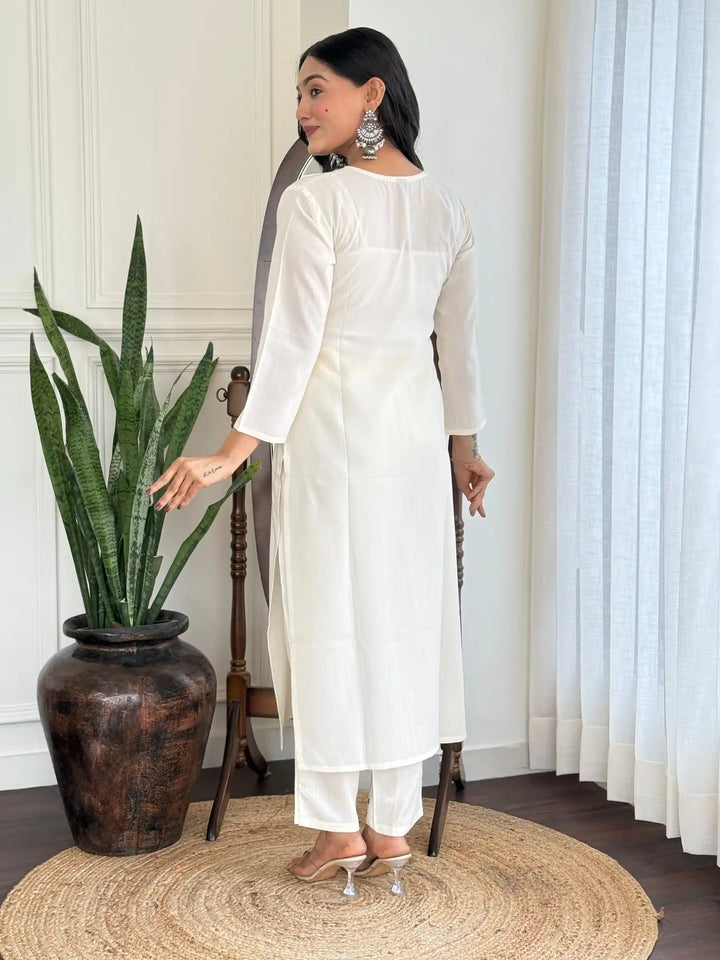 Exquisite White Embroidered Kurti Set | Viscose Rayon & Printed Design
