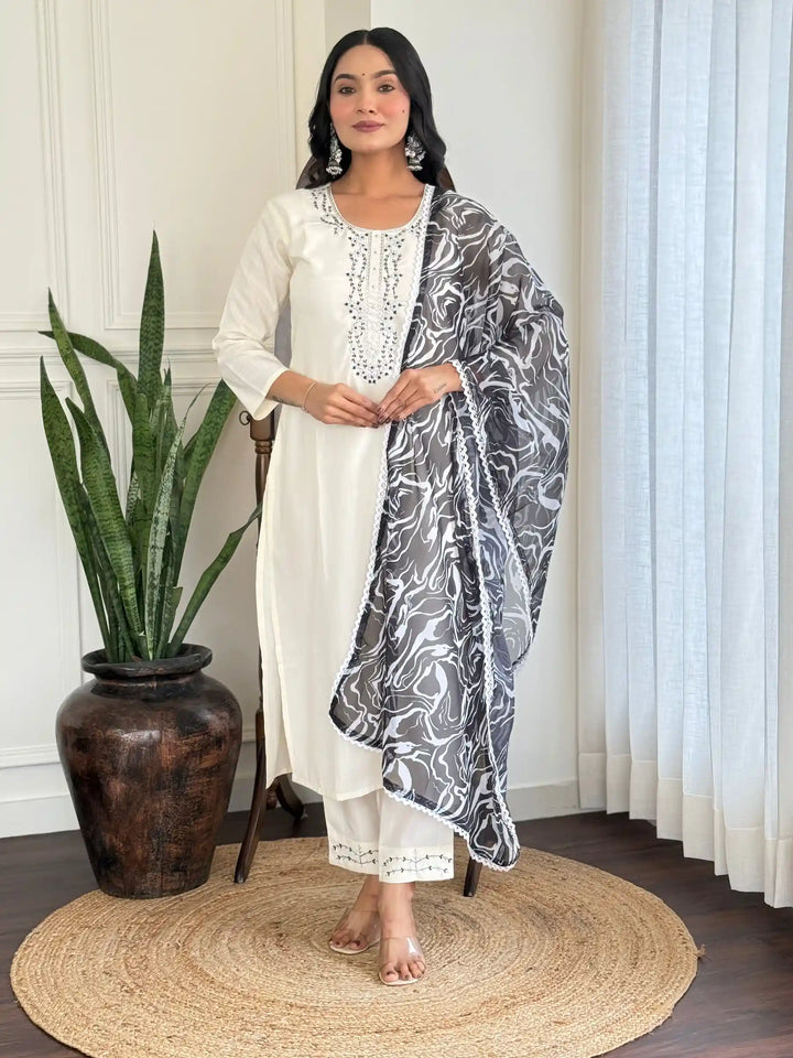 Exquisite White Embroidered Kurti Set | Viscose Rayon & Printed Design