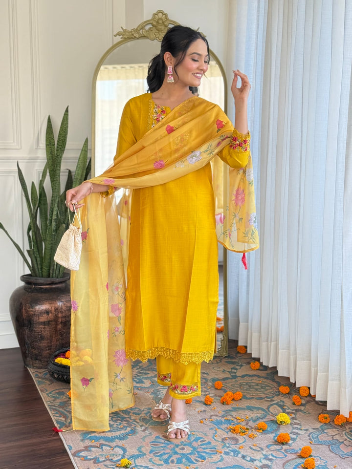 Luxurious Yellow Silk Kurti | Designer Print & Embroidery Dupatta Wedding