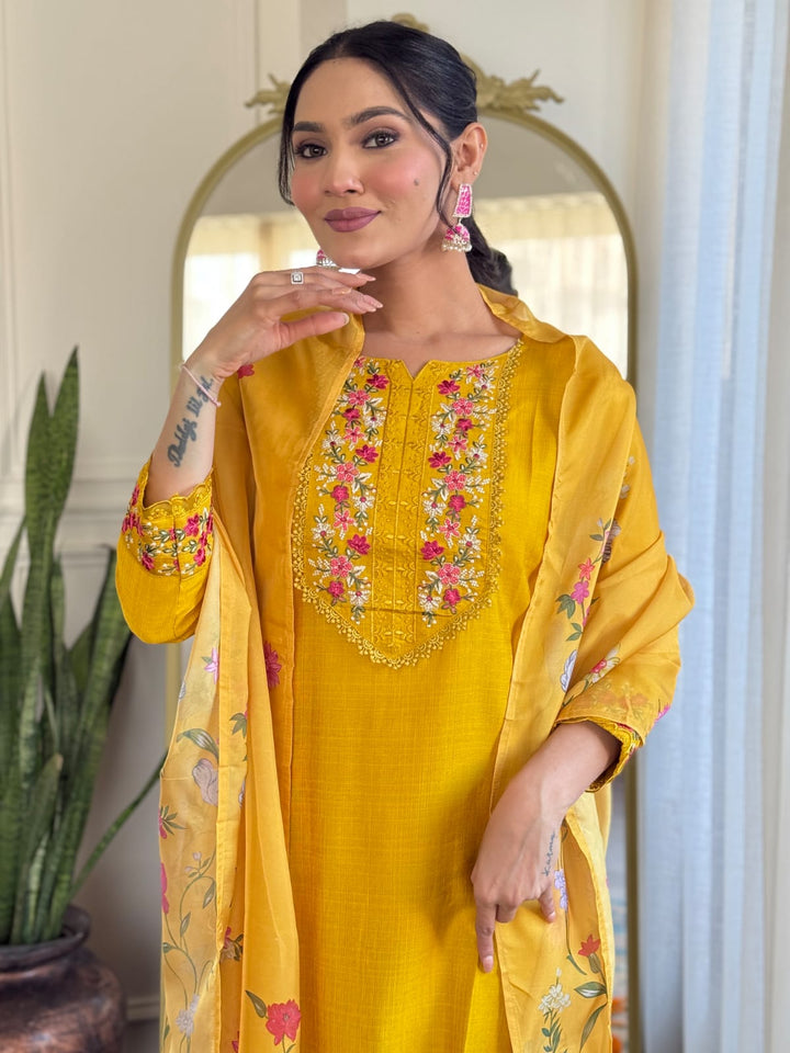 Luxurious Yellow Silk Kurti | Designer Print & Embroidery Dupatta Wedding