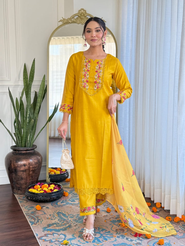 Luxurious Yellow Silk Kurti | Designer Print & Embroidery Dupatta Wedding