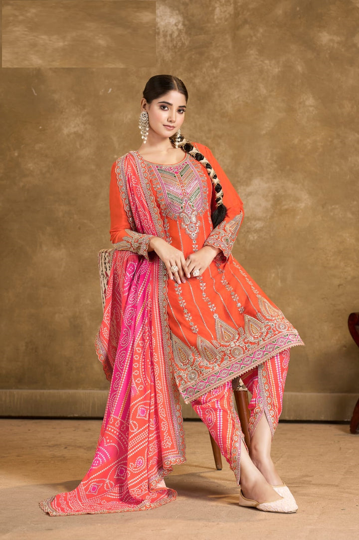 Elegant Chinon Dhoti Suit | Designer Embroidery & Print Work
