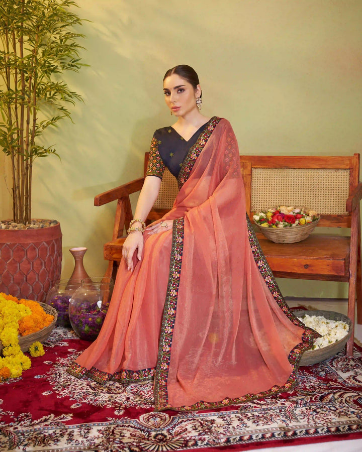Peach & Gray Shimmer Chiffon Saree | Designer Embroidery for Party Wear