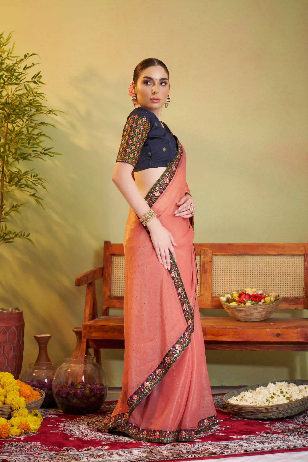 Peach & Gray Shimmer Chiffon Saree | Designer Embroidery for Party Wear