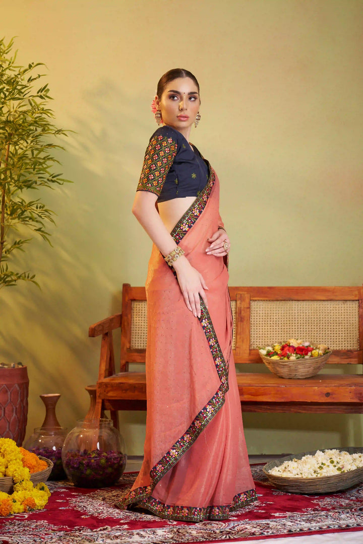 Peach & Gray Shimmer Chiffon Saree | Designer Embroidery for Party Wear