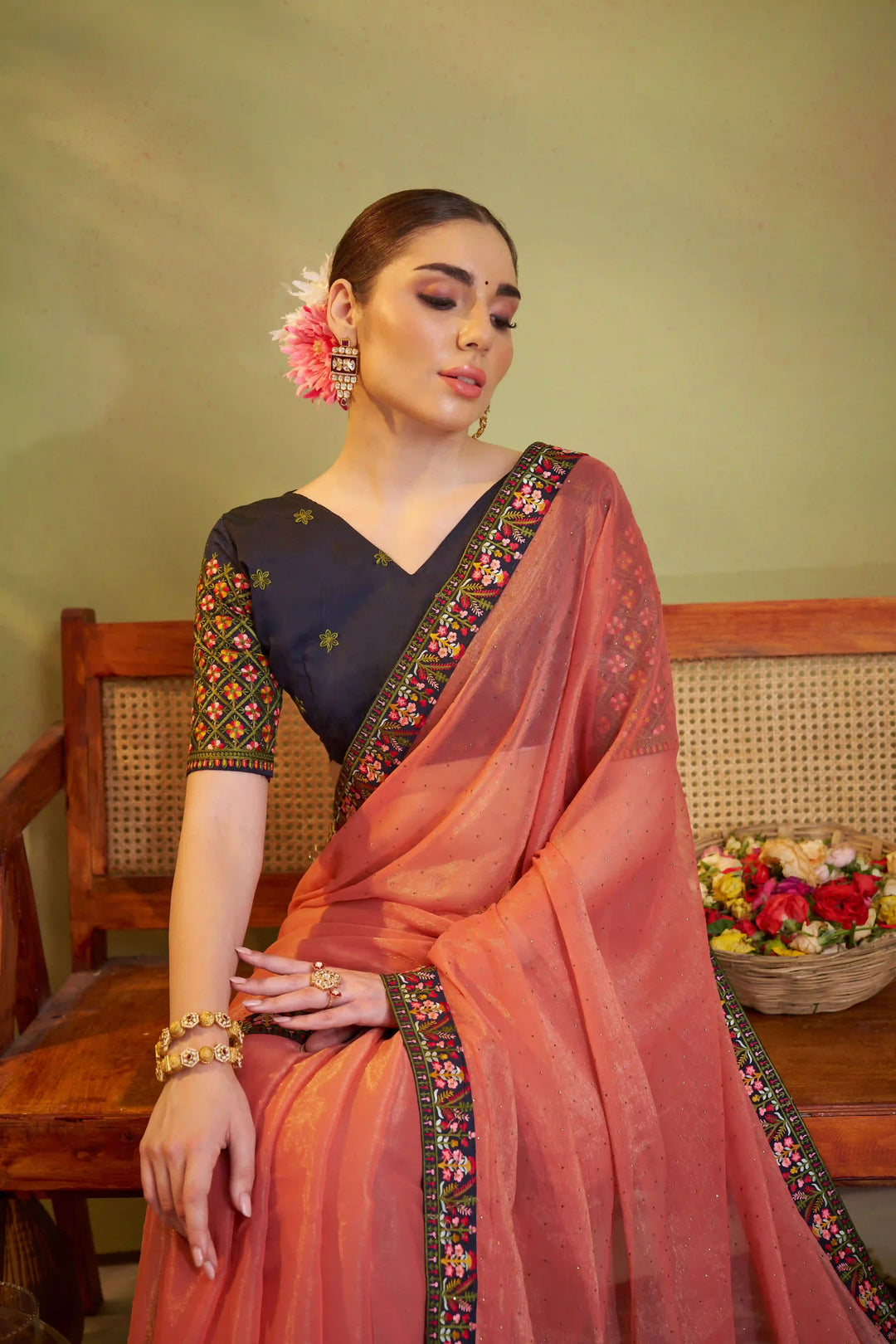 Peach & Gray Shimmer Chiffon Saree | Designer Embroidery for Party Wear