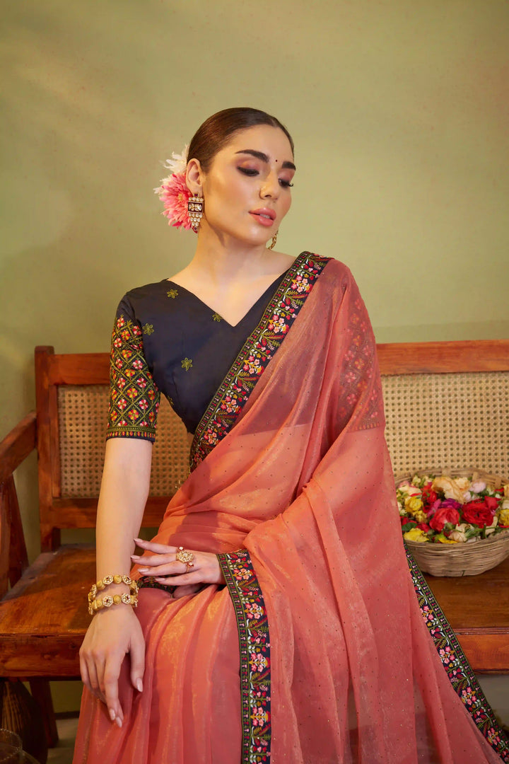 Peach & Gray Shimmer Chiffon Saree | Designer Embroidery for Party Wear