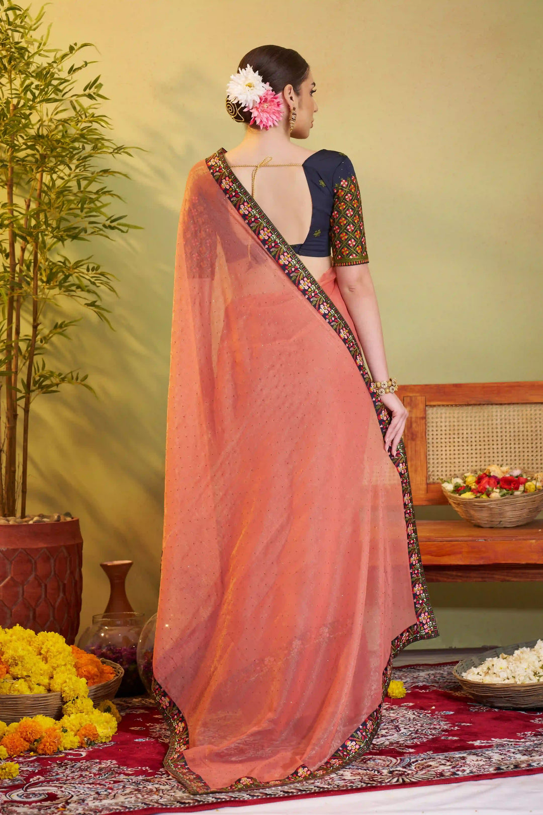Peach & Gray Shimmer Chiffon Saree | Designer Embroidery for Party Wear