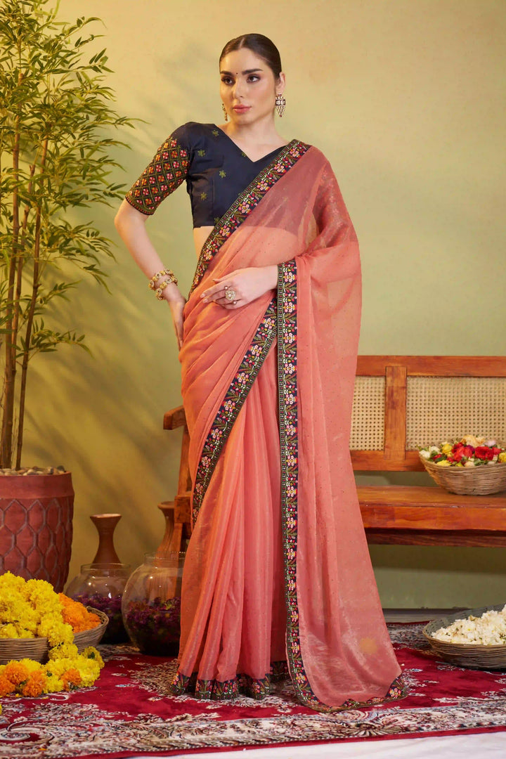 Peach & Gray Shimmer Chiffon Saree | Designer Embroidery for Party Wear