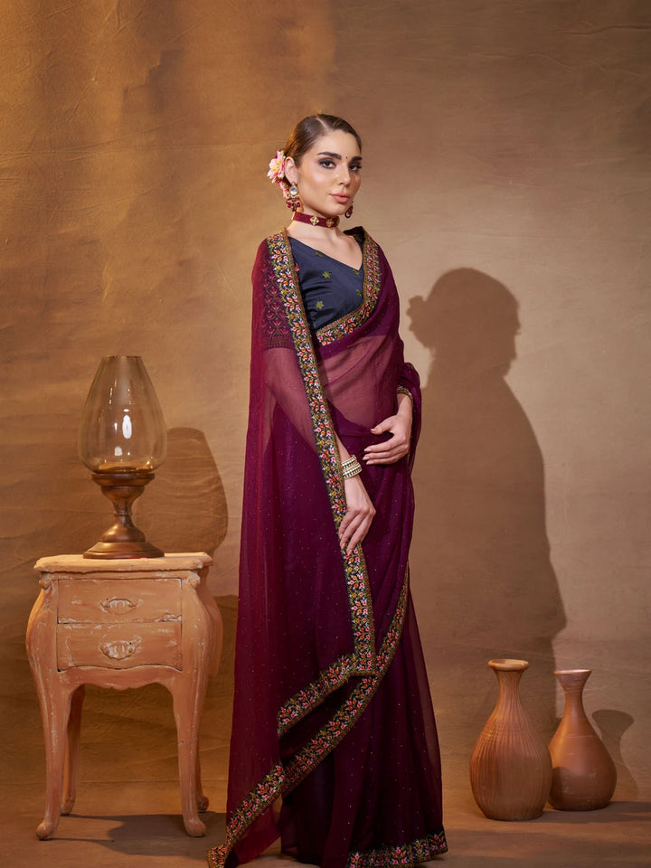 Wine & Navy Shimmer Chiffon Saree | Designer Embroidery for Party Wear