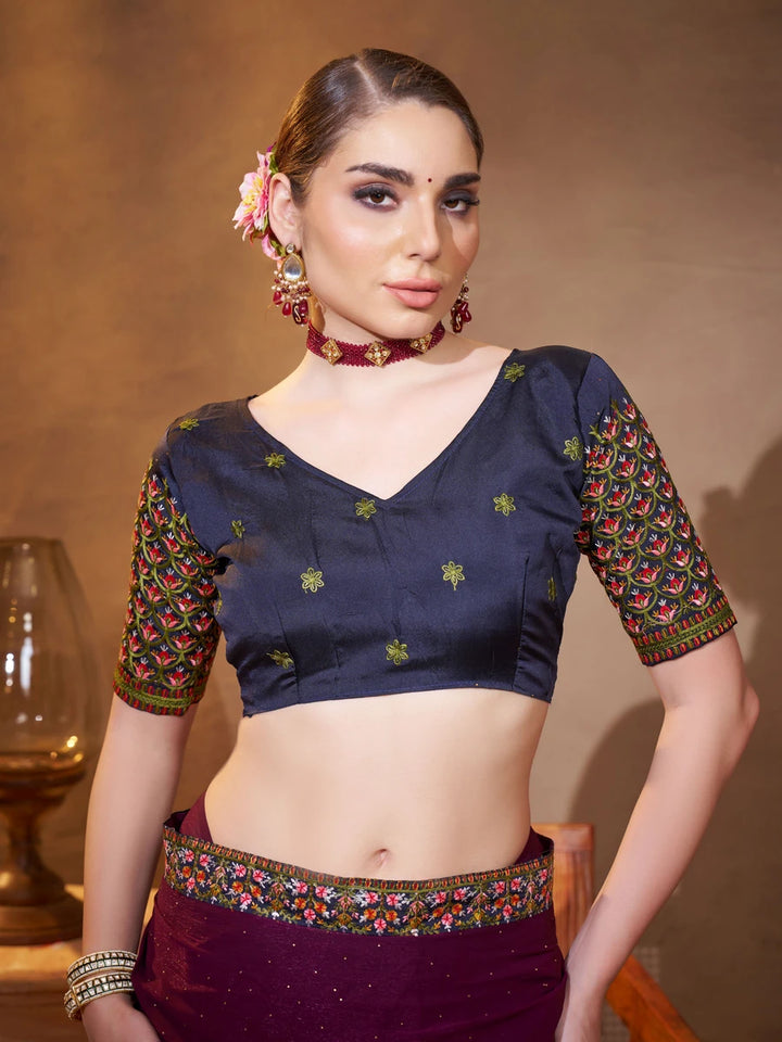 Wine & Navy Shimmer Chiffon Saree | Designer Embroidery for Party Wear