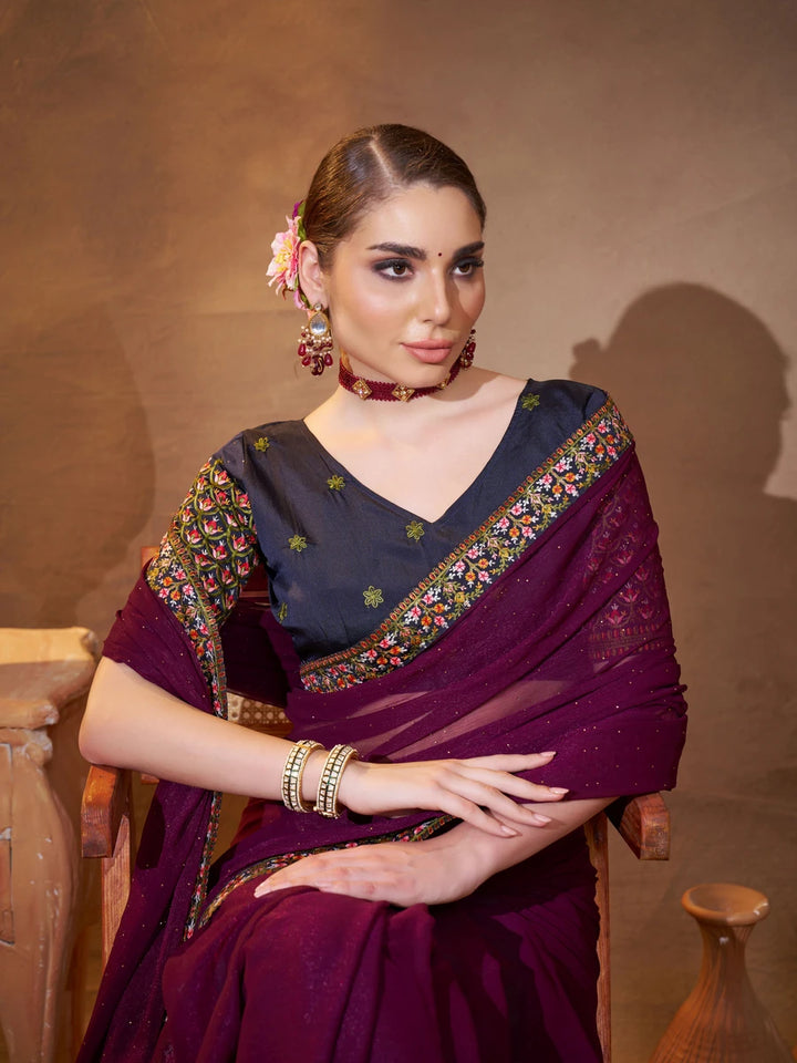 Wine & Navy Shimmer Chiffon Saree | Designer Embroidery for Party Wear