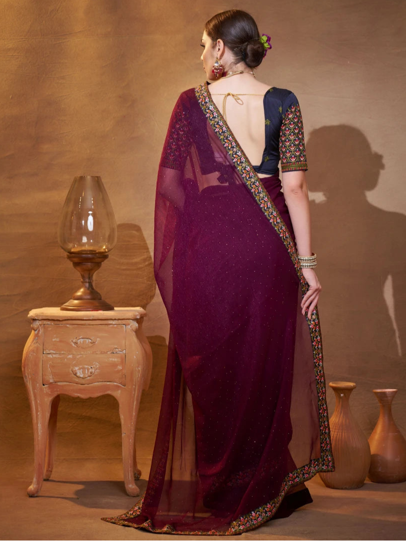 Wine & Navy Shimmer Chiffon Saree | Designer Embroidery for Party Wear