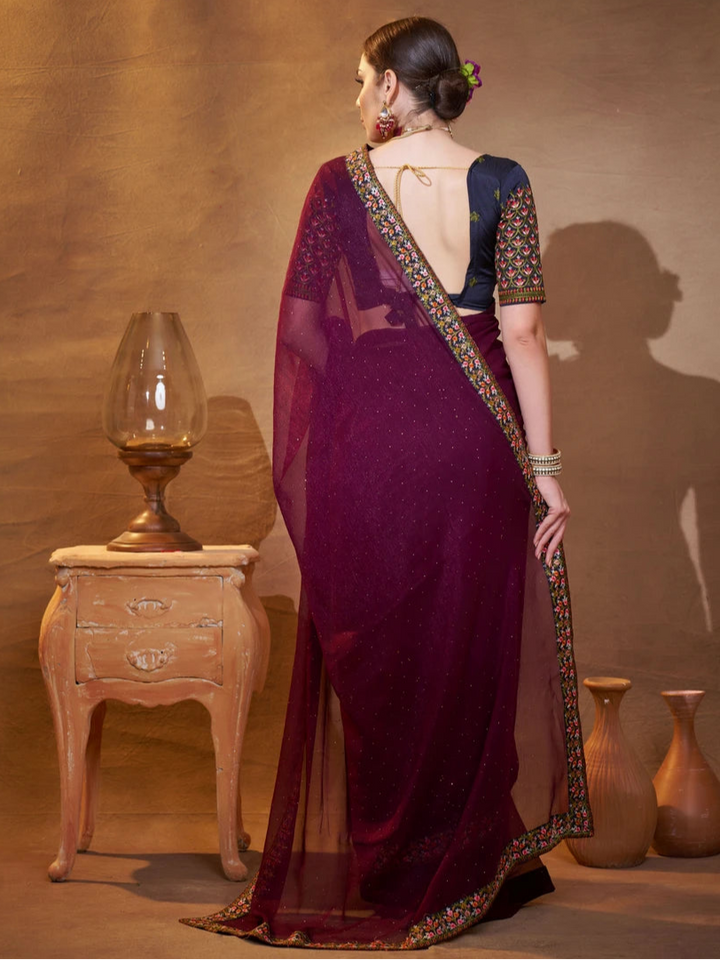 Wine & Navy Shimmer Chiffon Saree | Designer Embroidery for Party Wear