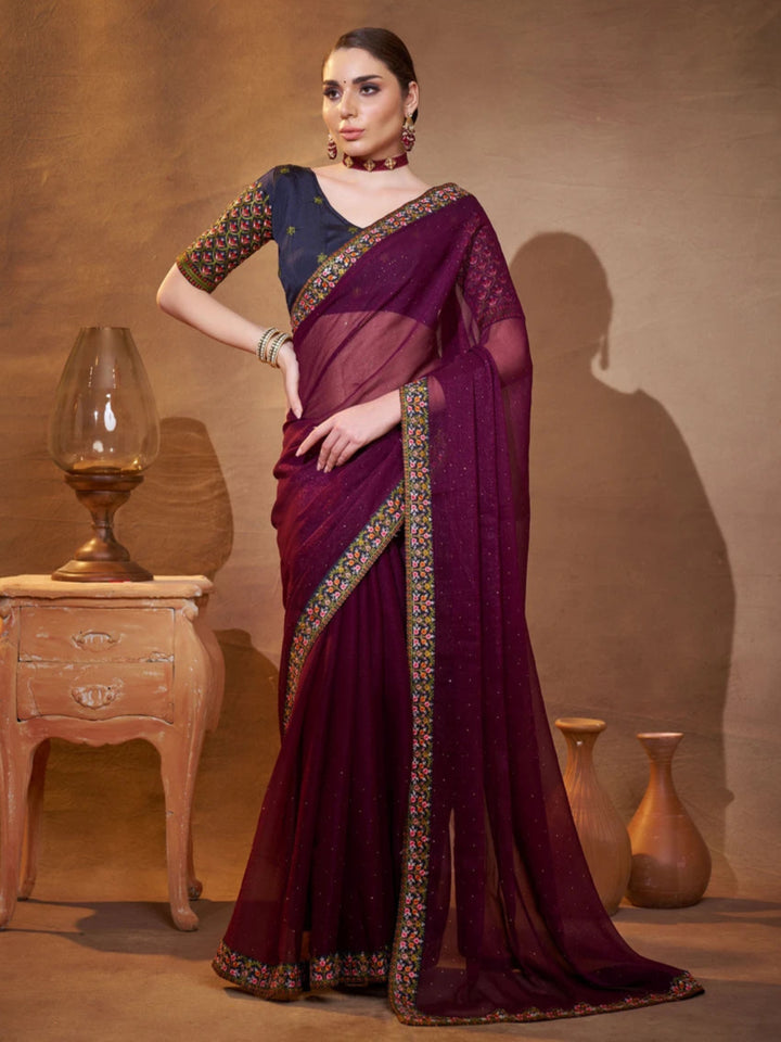 Wine & Navy Shimmer Chiffon Saree | Designer Embroidery for Party Wear