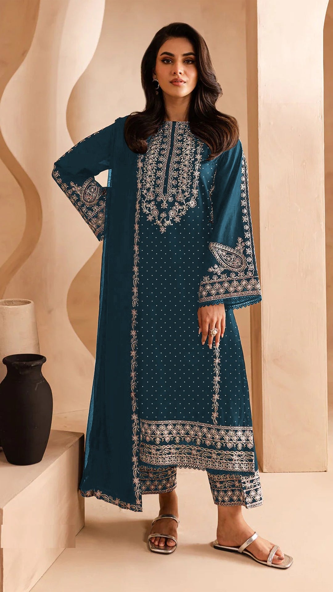 Designer Georgette Suit | Embroidery Work with Santoon Bottom & Dupatta for Festive Look