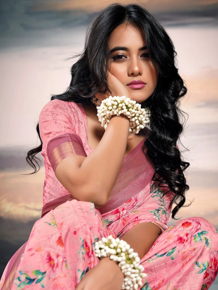 Elegant Pink  Cotton Silk Saree | Digital Printed  Jari Border Beauty