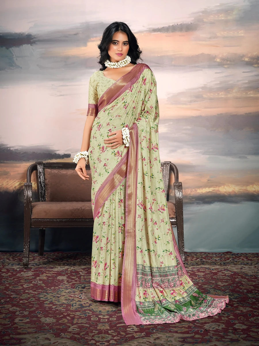 Designer Pista Green Cotton Silk Saree | Weaving Jari Border