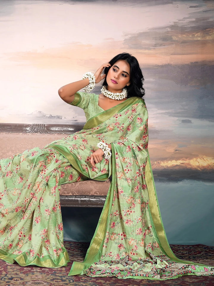 Ethnic  Parrot Green Cotton Silk Saree | Festive Wear with Weaving Jari Border