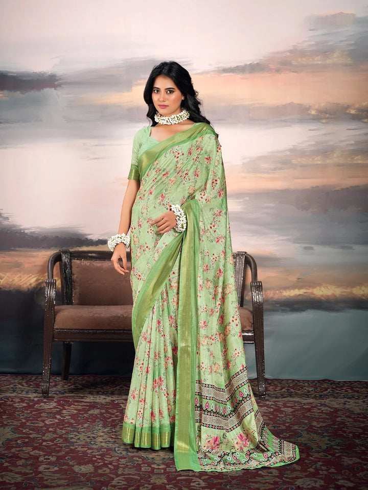 Ethnic  Parrot Green Cotton Silk Saree | Festive Wear with Weaving Jari Border