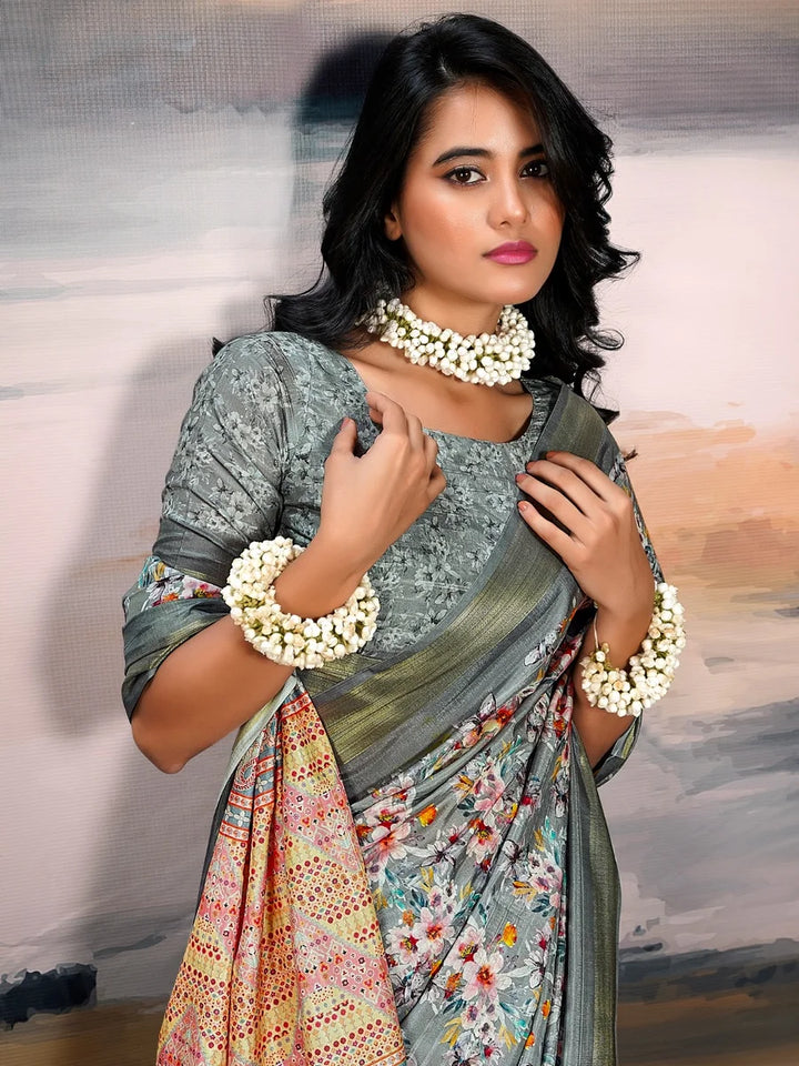 Stylish Gray Cotton Silk Saree | Rich Weaving Jari Border Design