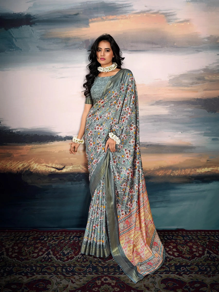 Stylish Gray Cotton Silk Saree | Rich Weaving Jari Border Design
