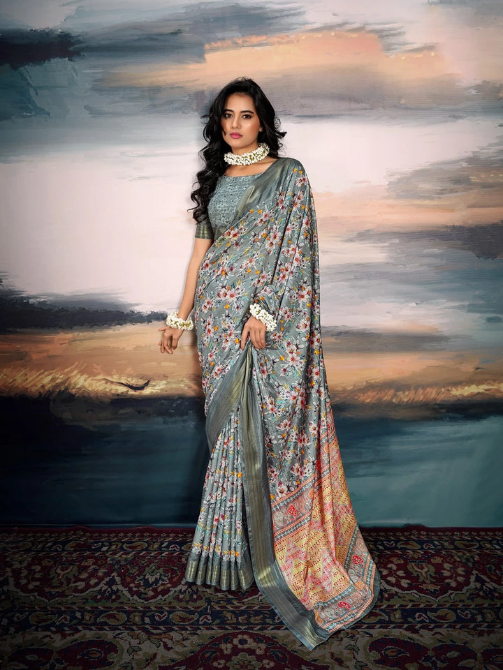 Stylish Gray Cotton Silk Saree | Rich Weaving Jari Border Design