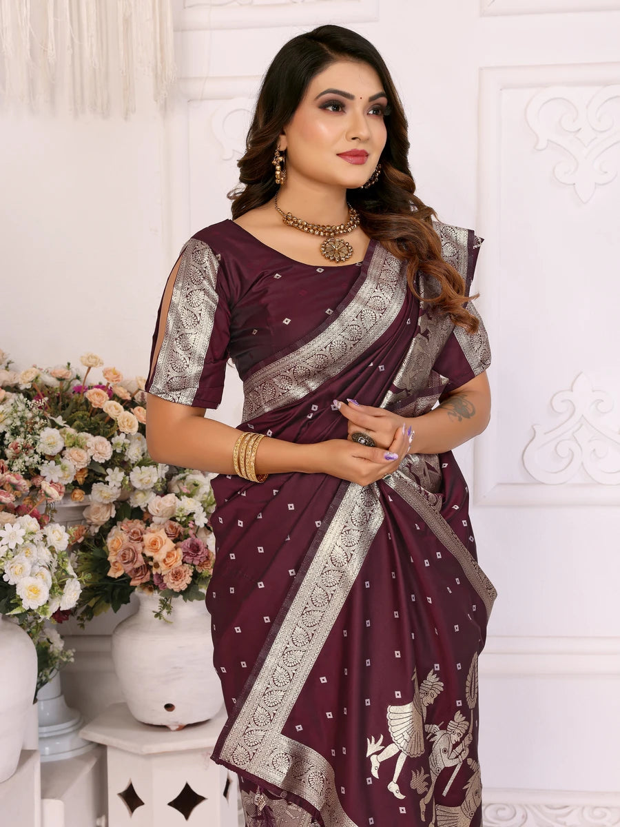 Elegant Festive Silk Saree with Wevon Jari Bandhej Work | Kochi Silk Blouse