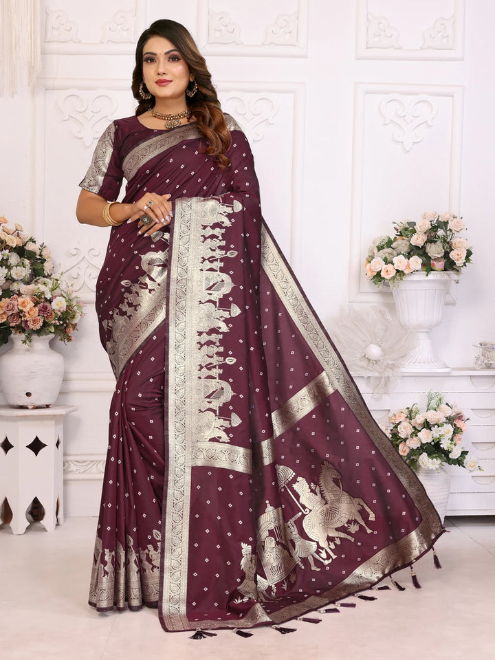 Elegant Festive Silk Saree with Wevon Jari Bandhej Work | Kochi Silk Blouse