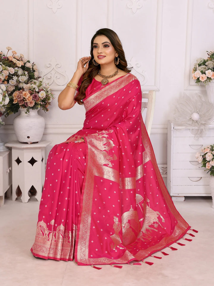 Elegant Festive Silk Saree with Wevon Jari Bandhej Work | Kochi Silk Blouse