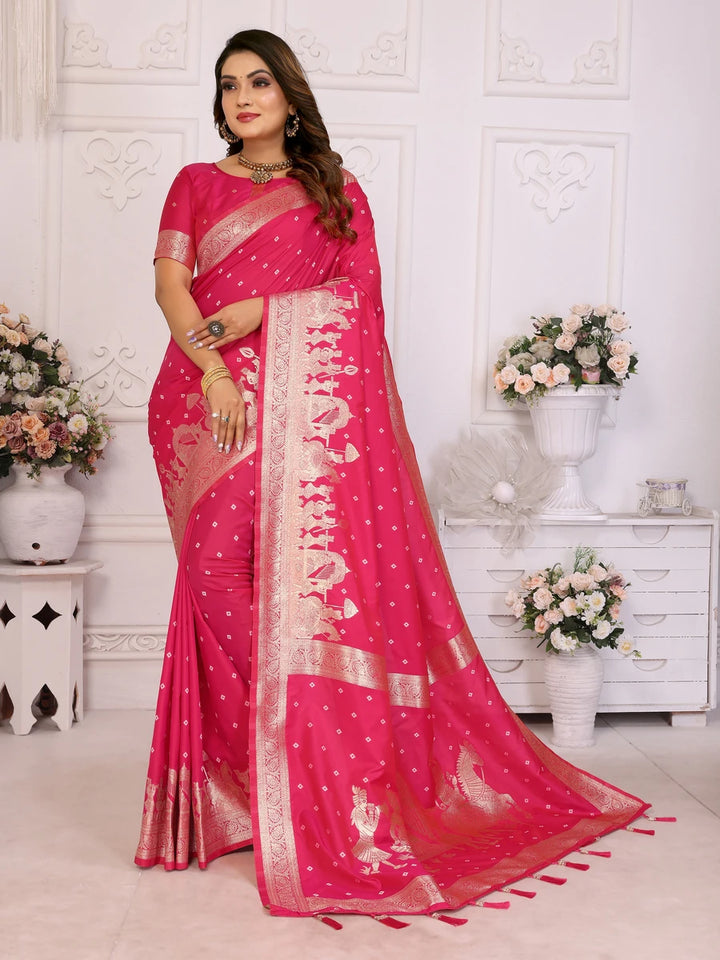 Elegant Festive Silk Saree with Wevon Jari Bandhej Work | Kochi Silk Blouse