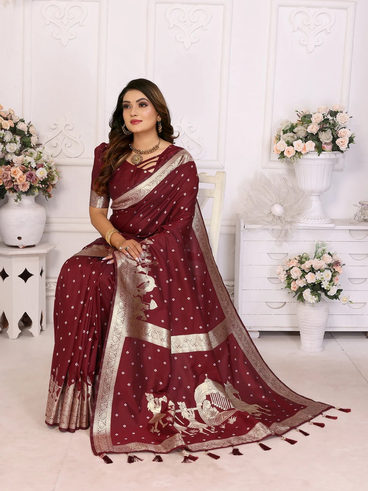 Elegant Festive Silk Saree with Wevon Jari Bandhej Work | Kochi Silk Blouse