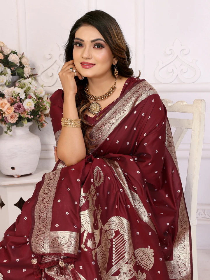 Elegant Festive Silk Saree with Wevon Jari Bandhej Work | Kochi Silk Blouse