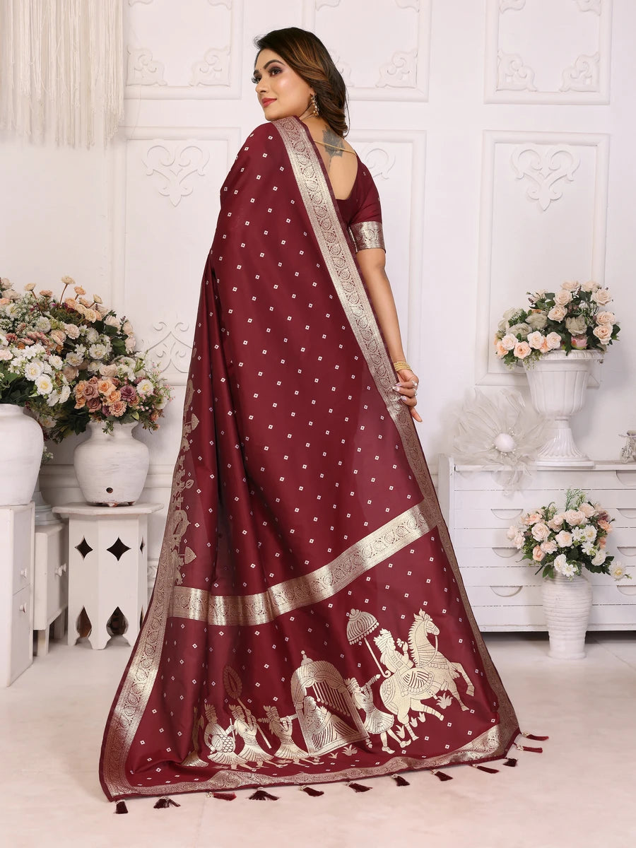 Elegant Festive Silk Saree with Wevon Jari Bandhej Work | Kochi Silk Blouse