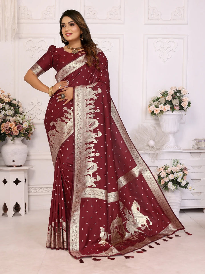 Elegant Festive Silk Saree with Wevon Jari Bandhej Work | Kochi Silk Blouse
