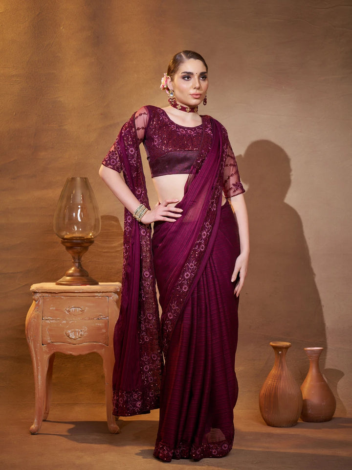Wine Satin Jacquard Saree Designer Embroidery Work | Elegant Party Wear