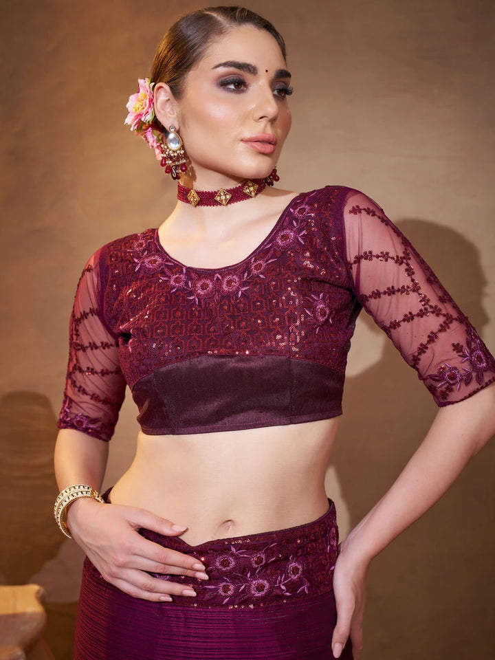 Wine Satin Jacquard Saree Designer Embroidery Work | Elegant Party Wear