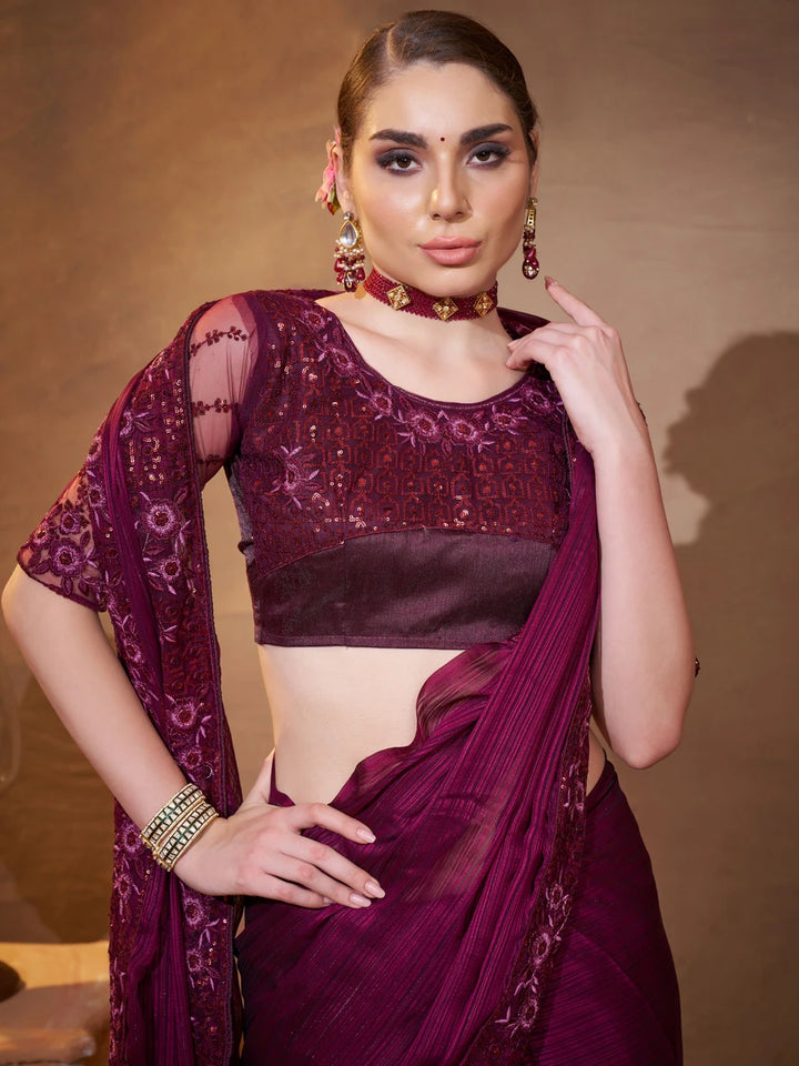 Wine Satin Jacquard Saree Designer Embroidery Work | Elegant Party Wear