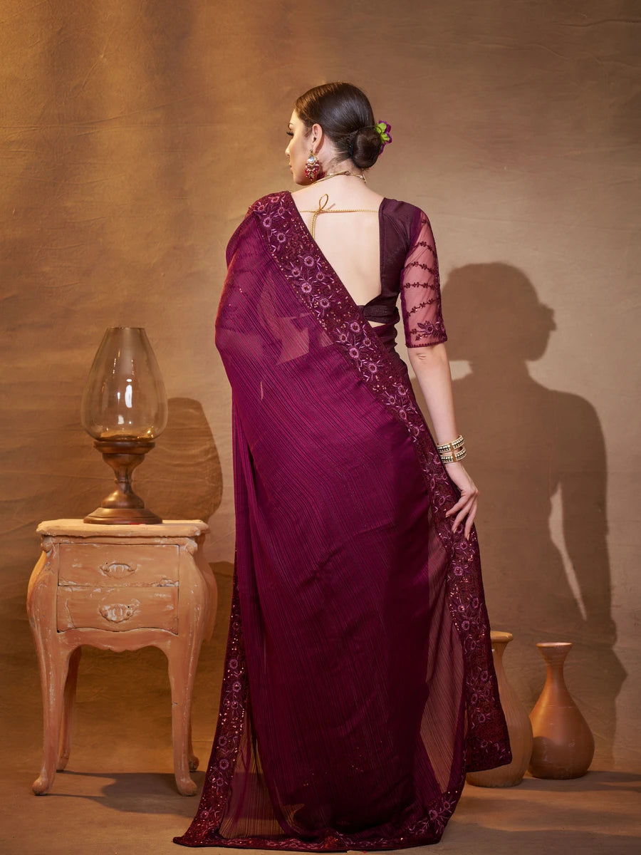 Wine Satin Jacquard Saree Designer Embroidery Work | Elegant Party Wear