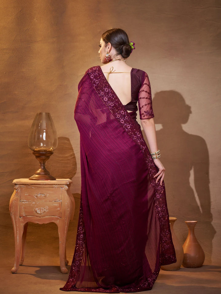 Wine Satin Jacquard Saree Designer Embroidery Work | Elegant Party Wear